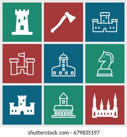 Knight icons set. set of 9 knight filled and outline icons such as castle, axe weapon