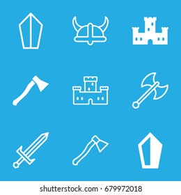 Knight icons set. set of 9 knight filled and outline icons such as castle, axe weapon, sword