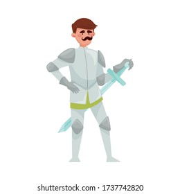 Knight en el traje de blindaje de hierro e iluminación de vectores de espadas nítidas