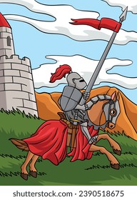 Knight Joust Colored Cartoon Illustration