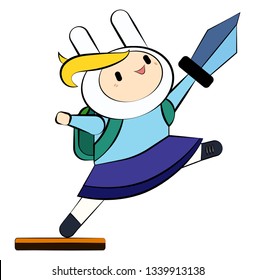 A knight kid in blue uniform with yellow hair and a bag pack is holding sword high in her hand vector color drawing or illustration 