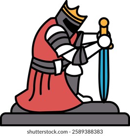 A knight is kneeling on a stone slab holding a sword. The knight is wearing a red robe and a crown. Concept of nobility and power, as the knight is depicted as a strong and noble figure