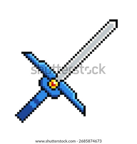 Knight Long Broad Sword with Blue Hilt, Pixel Art Icon, Isolated