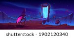 Knight and magic portal in stone frame on mountain landscape at night. Vector cartoon fantasy illustration with man in medieval costume with spear and ancient arch with mystic blue glow