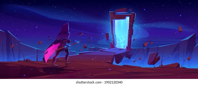 Knight and magic portal in stone frame on mountain landscape at night. Vector cartoon fantasy illustration with man in medieval costume with spear and ancient arch with mystic blue glow