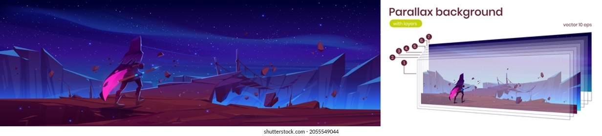 Knight with magic spear walk to hanging rope bridge over abyss in mountains. Vector parallax background for 2d game animation with cartoon fantasy illustration with wizard on cliff at night