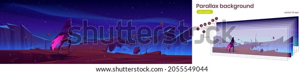 Knight with magic spear walk to hanging rope bridge\
over abyss in mountains. Vector parallax background for 2d game\
animation with cartoon fantasy illustration with wizard on cliff at\
night