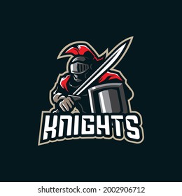 Knight Mascot Logo Design Vektorgrafik mit modernem Illustrationsstil für den Druck von Abzeichen, Emblem und T-Shirt. Rittergrafik mit Schwert in der Hand.