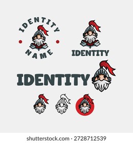 Conjunto de Vector con logo de mascota Knight. Ilustración de un viejo guerrero medieval o personaje de soldado con un casco con un penacho rojo. Cabeza de paladín barbuda linda perfecta para la marca de seguridad, Equipos de juego o identidad de e-sports