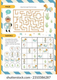 Knight Maze game Kids activity book Vector illustration