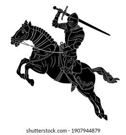 A knight in medieval armor on horseback with a sword in his hands prepares to strike. Figure isolated on white background.