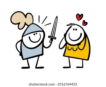 Knight in medieval armor and with a sword protects a weak woman. Vector illustration of a young girl met defenders fell in love. A funny cartoon for Valentine's Day.