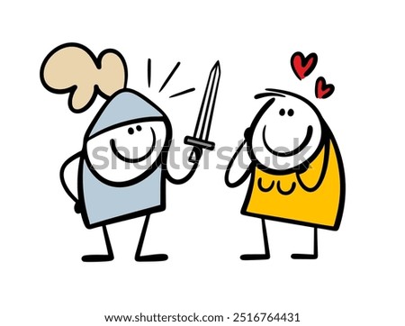 Knight in medieval armor and with a sword protects a weak woman. Vector illustration of a young girl met defenders fell in love. A funny cartoon for Valentine's Day.