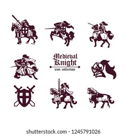 Knight medieval history vector icons set.  .Isolated vector illustration on white background. 