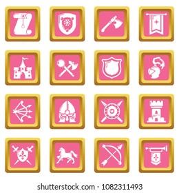 Knight medieval icons set vector pink square isolated on white background 