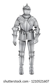 knight in metal armor and helmet on a white background