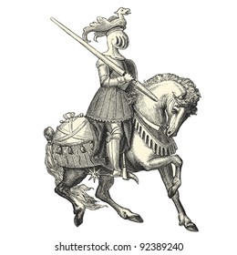 Knight of the Middle Ages - vintage engraved illustration - "Costumes anciens et modernes " by Cesare Veccello ed.Firmin-Didot  in 1859 - Paris