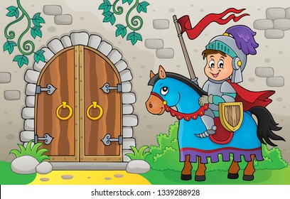 Knight on horse by old door theme 1 - eps10 vector illustration.