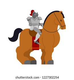 Knight on horse. Clydesdale Strong heavy steed. Cartoon animal vector