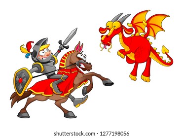 Knight on horse fighting the dragon. Funny cartoon medieval fantasy isolated vector characters.