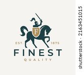 Knight on horse logo emblem. Horseman with sword and monogram shield icon. Medieval armored swordsman on horseback symbol. Finest quality classic corporate brand identity design. Vector illustration.