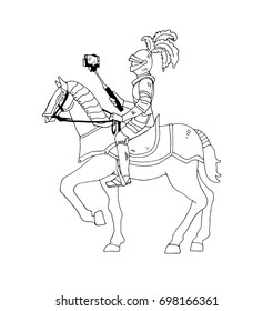 Knight on horse with  selfie stick. Vector illustration isolated on background