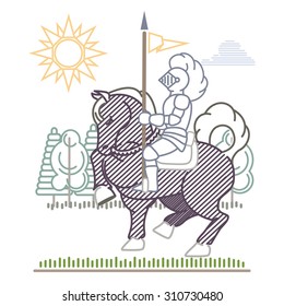 Knight on a horse with a standard flying on a spear. A graphic sun and trees in the background