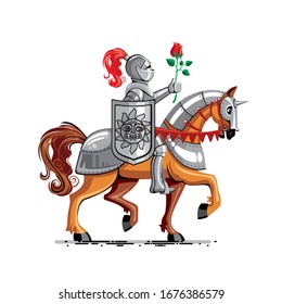 A knight on horseback carries a rose for the lady of the heart.