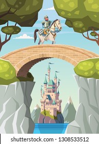 Knight on horseback crosses the bridge and castle in background