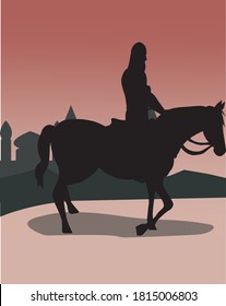 caballero a caballo en el desierto como fondo y listo para liderar la guerra, vector de silueta. Una imagen que fomenta el espíritu de lucha valiente y valientemente. Ilustración vectorial 3d.

