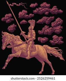 Ritter zu Pferd. Bearbeitbare handgezeichnete Illustration. Vektor Vintage Gravur. Einzeln auf schwarzem Hintergrund. 8 EPS