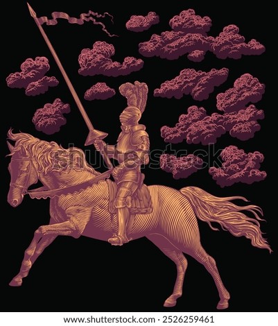 Knight on horseback. Editable hand drawn illustration. Vector vintage engraving. Isolated on black background. 8 EPS