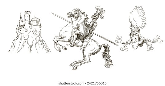 Knight on horseback, hand drawn set.