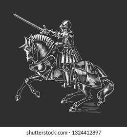 The knight on horseback. The picture is made in the style of engraving.