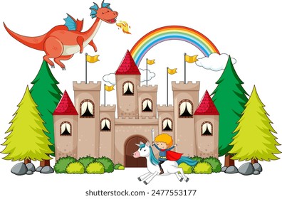 Knight on unicorn, dragon, castle, and rainbow