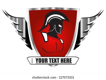 Knight on the winged red shield.   Trojan warrior on the red shield. Historical Sparta concept icon. suitable for team mascot, community icon, emblem, product identity, corporate identity, etc. 