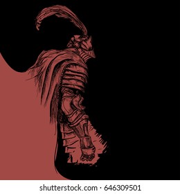 Knight painted in ink, blot, leaking paint, medieval warrior.black and red background