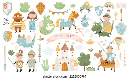 Knight party Cute characters of medieval fairy kingdom knights, king, princess, dragon, jousting, mouse wizard Vector illustration