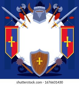 Rittermuster für Grußkarte, Website-Banner. Mittelalterlicher Helm, Schwert, Schild, Mass, Vektorillustration von Waffen. Flaches chivalrisches Plakathorsman-Equipment, Waffensalat.