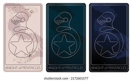 Knight of Pentacles. A card of Minor arcana one line drawing tarot cards. Tarot deck. Vector hand drawn illustration with occult, mystical and esoteric symbols. 3 colors. Proposional to 2,75x4,75 in.