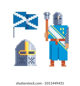 Knight. Pixel art character. Knight's helmet. Flag Scotland. Stickers design. 8-bit sprite. Isolated vector illustration. 