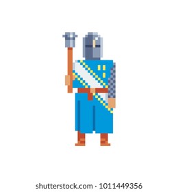 Knight. Pixel art character. Sticker design. 8-bit sprite. Isolated vector illustration. 