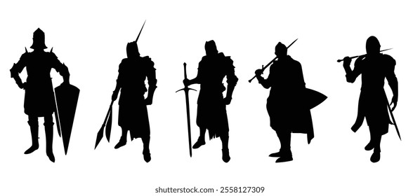 Knight Playing with Weapons Vector Silhouette Graphic Vector Illustration Set