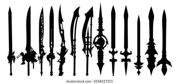 Knight Playing with Weapons Vector Silhouette Graphic Vector Illustration Set