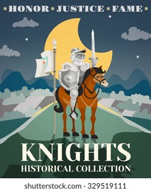 Knight poster with warrior in armor on horse with night landscape on background cartoon vector illustration