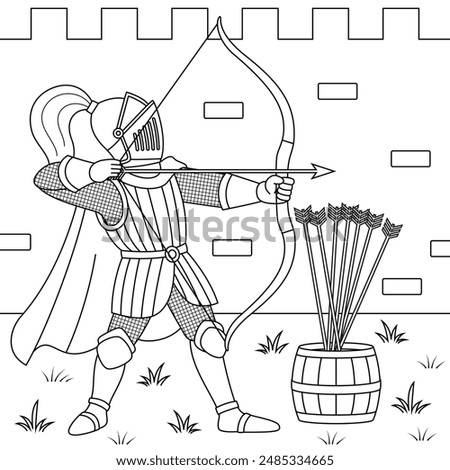Knight practicing archery in a castle yard outline coloring page 