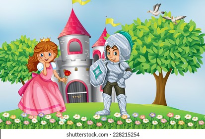 Knight and pricess scene with castle