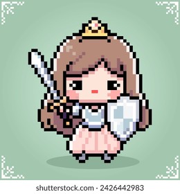 knight princess in 8 bit pixel art. Beautiful girl for game assets, sticker or cross stitch pattern in vector illustration