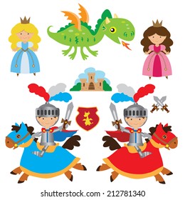 Knight, princess and dragon vector illustration