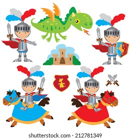 Knight, princess and dragon vector illustration